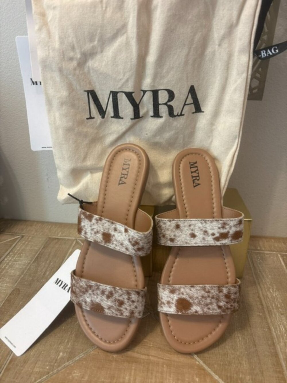 NEW Myra Vaquero Leather Hair-On Sandals in Brown & White Sizes: 8-10
